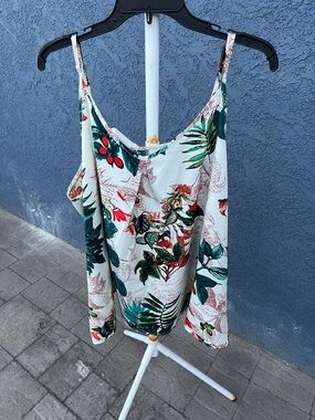 Tropical Print White Spaghetti-Strap Camisole